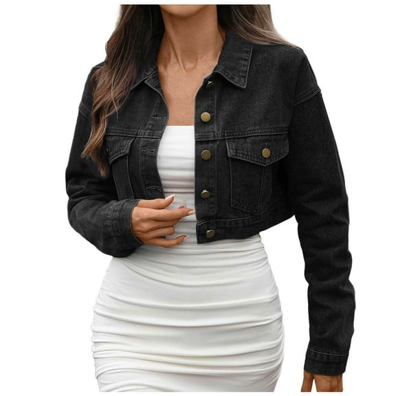 Oksale Cropped Denim Jacket for Women Button Down Bomber Jacket with Pockets Long Sleeve Jean Jackets Casual Boho Y2K Coat 2025 Black M