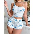 thumbnail image 4 of Women Pajamas Heart Print PJ Set Crop Tops and Shorts Set 2 Piece Lounge Sets Lake Blue M, 4 of 9