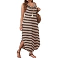 thumbnail image 2 of Dress for Women Sleeveless V-Neck Striped Maxi Casual Loose Curved Hem Side Split Dresses Khaki XXXXL, 2 of 6