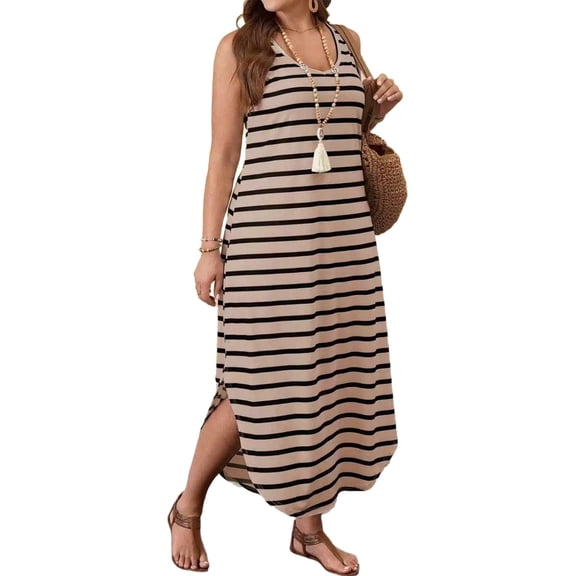 WRKEKC Casual Dresses for Women Striped V Neck Sleeveless Loose Relaxed Midi Soft Breathable Fabric Comfort Soft