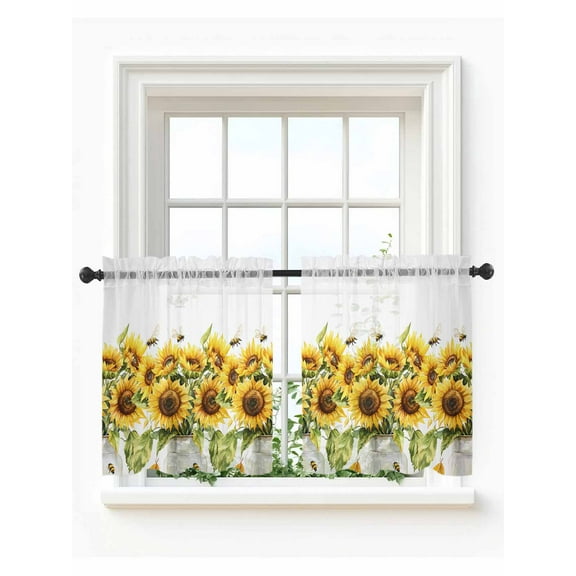 Sunflower Bee Tier Curtains 24 Inch Length,Sheer Curtains for Bedroom Living Room,Watercolor Yellow White Summer Spring Rod Pocket Voile Drapes Kitchen Curtains Small Half Window 27.5"x24" 2 Panels