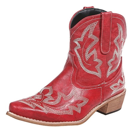 

Retro Women Embroidery Square Heels Slip-On Short Booties Pointed Toe Shoes