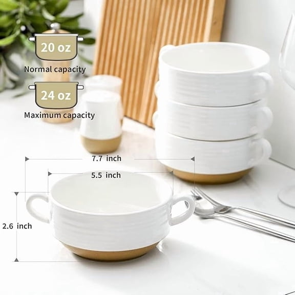 Tikooere  Soup Bowls with Handle Set of 4, 24 Ounce Ceramic French Onion Soup Crocks, Oven and Dishwasher Safe,White