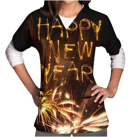 

Happy New Year Scrub Tops for Women Print Short Sleeves V Neck Nurse Uniforms Casual Loose Breathable Shirts Tee Tops with Pockets