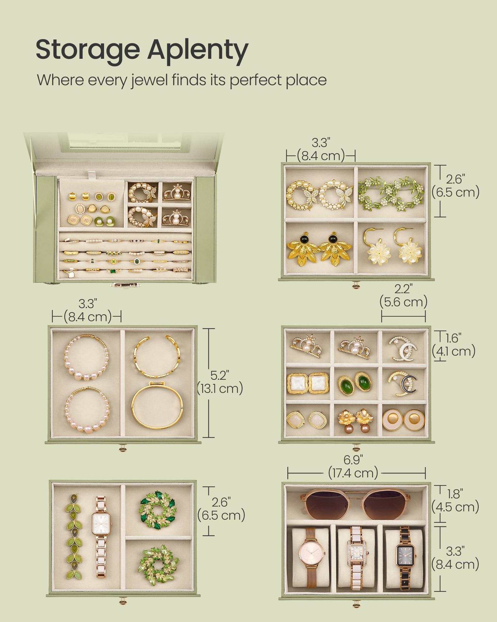 SONGMICS 6-Layer Jewelry Box Organizer with 5 Drawers, Jewelry Storage Case with Lock and Mirror, Large Storage Capacity, Gift for Loved Ones, for Necklaces, Watches, Sage Green