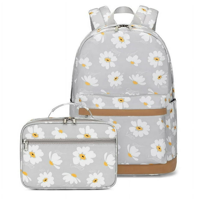 2PCS Daisy Printed Kids Backpack Girls School Bookbag Set Elementary Students Daypack with Lunch Bag