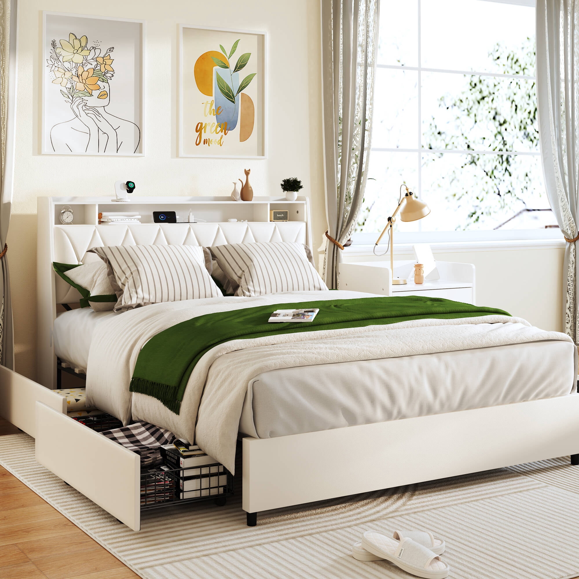 Nathaniel Home Full Platform Bed Frame Ergonomic Full Size Headboard Storage Shelf Outlets and Charger