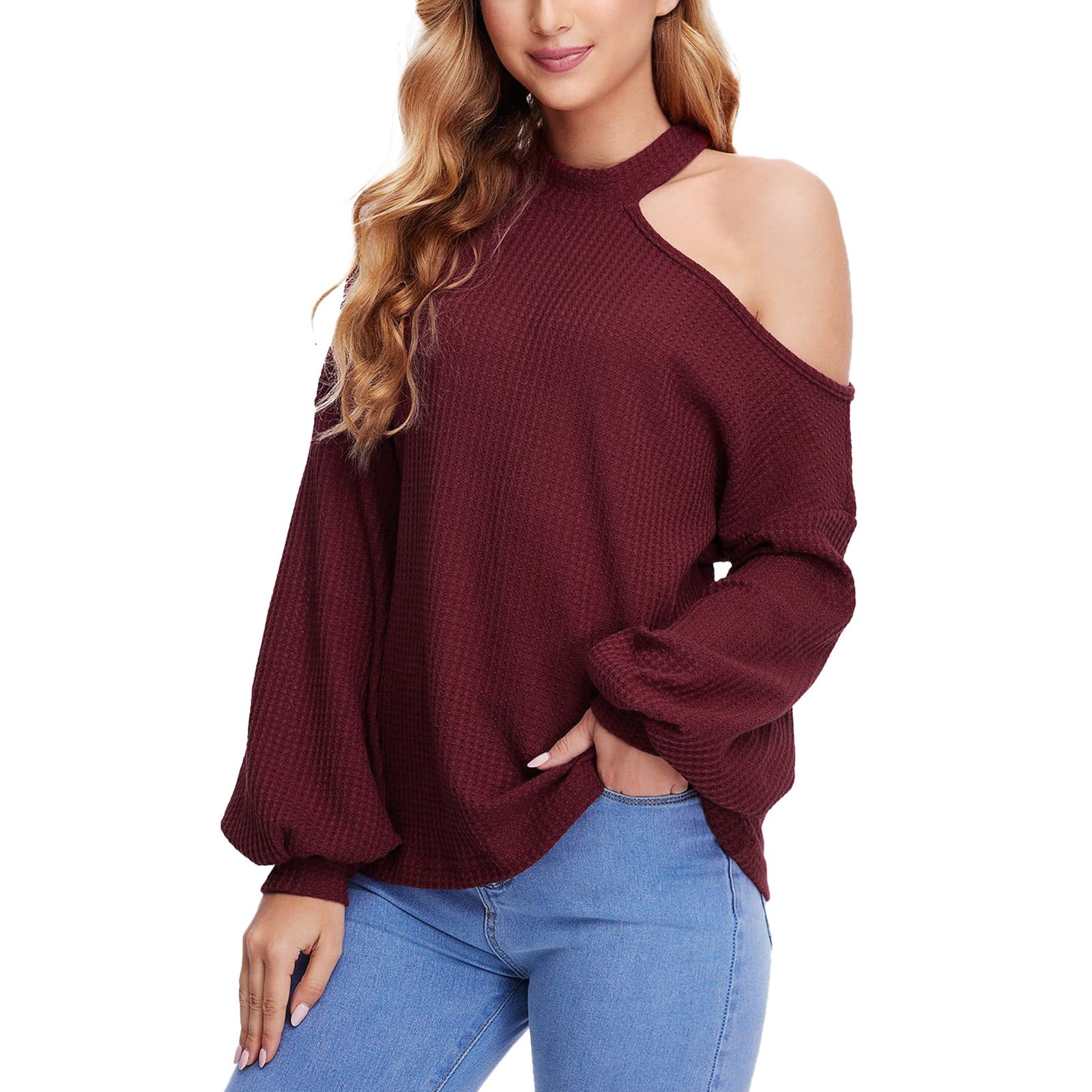 Womens Oversized Sweaters Sweater for Elderly Women Womens Crew Neck Cold Shoulder Sweaters Sleeve Knit Pullover Sweater Tops Walmart.com