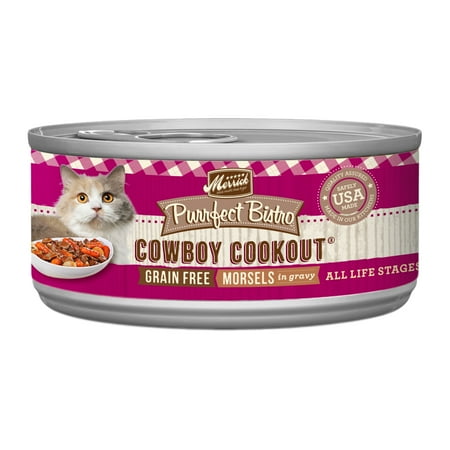 UPC: 0022808018094 | (24 Pack) Merrick Purrfect Bistro Grain Free Wet Cat Food Cowboy Cookout Morsels in Gravy 5.5 oz. Cans