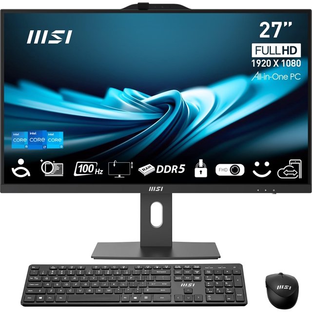 msi pro ap272p -601us 27 pulgadas todo en uno pc- intel core i5, 16 gb, 1 tb ssd -win 11 pro vista frontal mostrando pantalla IPS 27" FHD (1920x1080) con base en columna, teclado y mouse inalámbricos MSI negros; acabado mate, cámara retráctil en el borde superior y logo MSI en el marco, ideal como todo en uno para oficina.