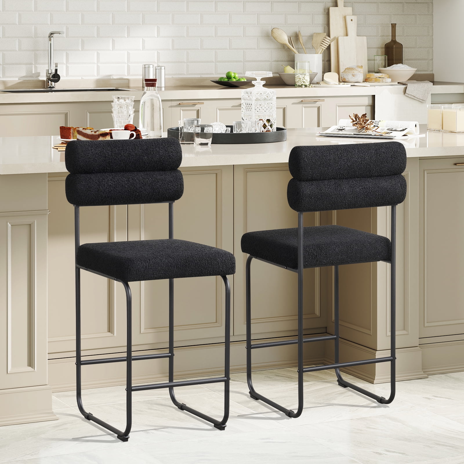 Gymax Set of 2 Counter Height Bar Stools 26'' Counter Stools w/ Metal Frame & Footrest Black