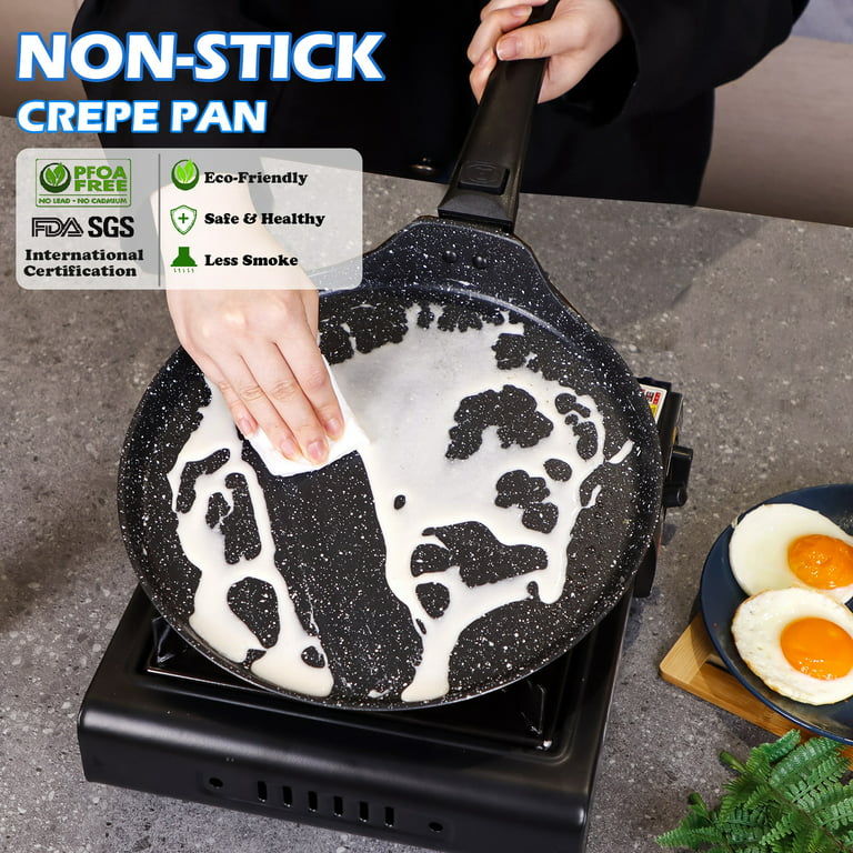 Non Stick Crepe Pan with Spreader Spatula, 11 inch PFOA-Free Granite Stone  Coating Dosa Pan, Flat Skillet Grill Pan for Tortillas, Omelette, Pancake