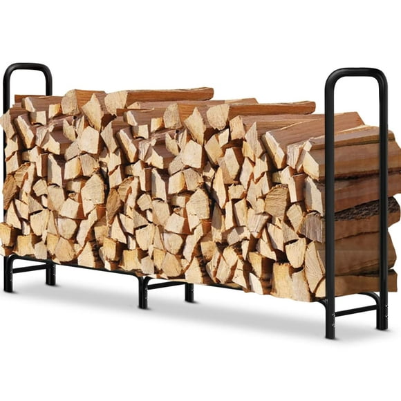 Amagabeli 8 ft Outdoor Fire Wood Log Rack for Fireplace Heavy Duty Firewood Pile Storage Racks for Patio Deck Metal Log Holder Stand Tubular Steel Wood Stacker Outside Tools Accessories Black