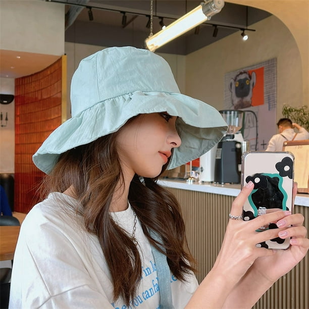 Women Fishing Camping Bucket Hat Cotton Polyester Fisherman Cap Adults  Solid Color Comfortable Summer Head Decor Sunproof Caps Green