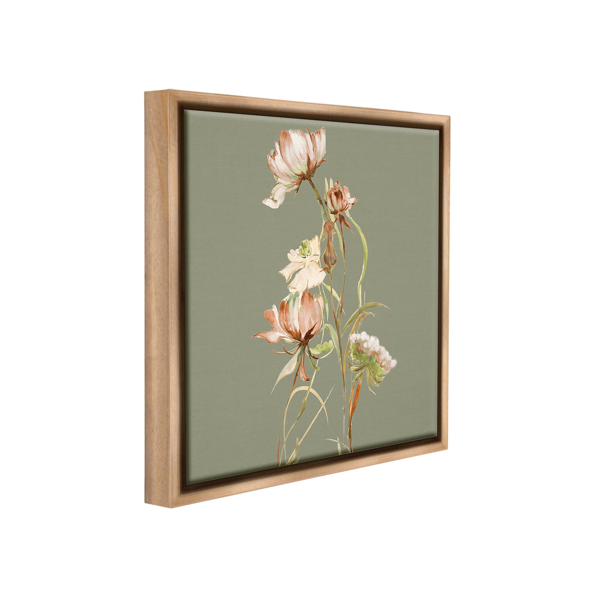 Stupell Industries Delicate Blooms on Green Botanical & Floral Painting Brown Floater Framed Canvas Art Print Wall Art, 25 x 25