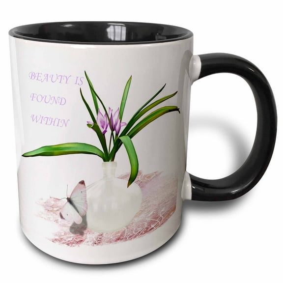 3drose, Delicate Butterfly N Flower in Vase with Happy Message, 11oz Two-tone Black Mug