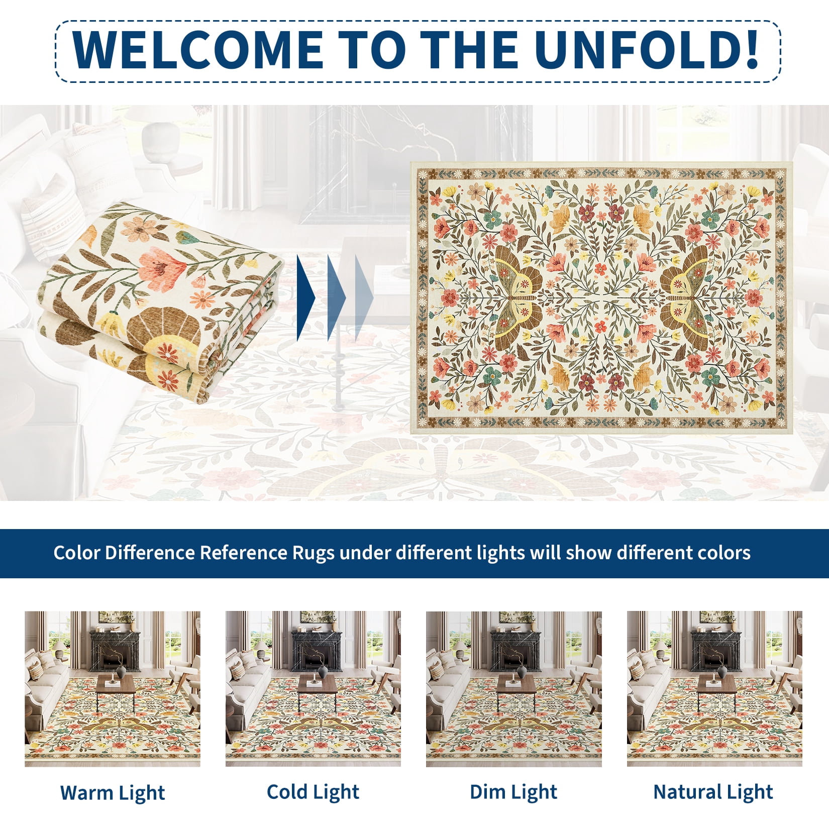 HOMERRY Floral Beige Rug for Living Room 9x12 Washable Butterfly Pattern Bedroom Indoor Modern Carpet