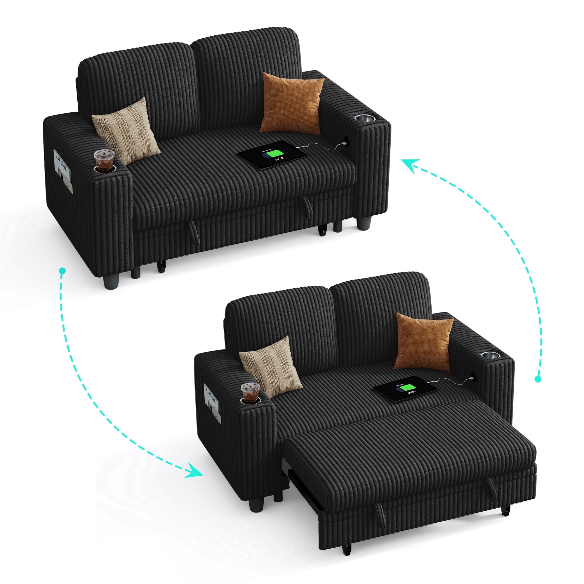 LINSY HOME Pull Out Couch Chaise Lounge for Living Room, Convertible Loveseat Sofa Couch With Usb & Cup Holder, Black
