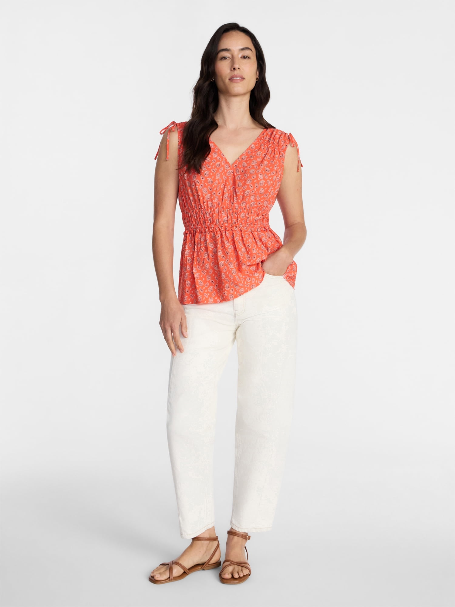 Time and Tru Women's Ruched Tie Shoulder Top, Sizes XS-XXXL