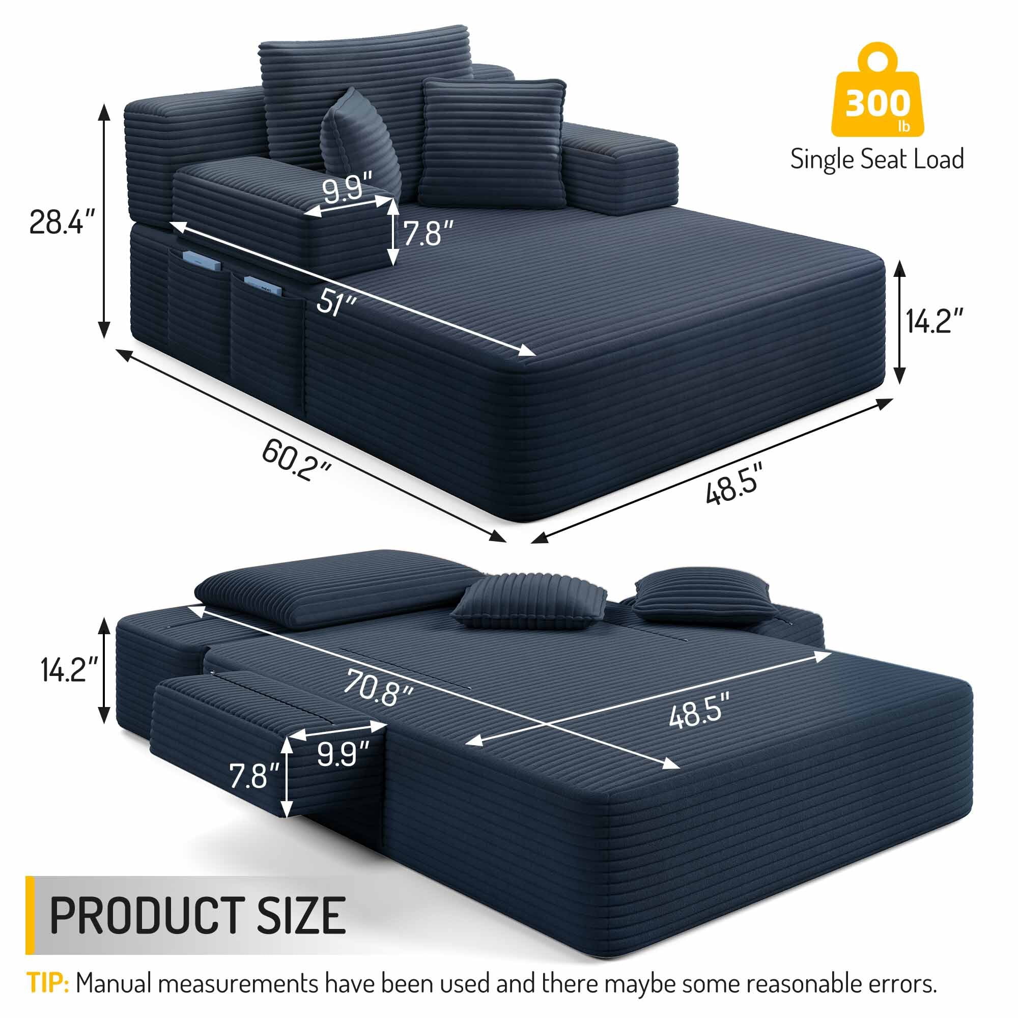 Lunale Boneless Chaise Lounge Chair Indoor, Oversized Convertible Sofa Bed, Cloud Corduroy Sofa Chair for Living Room, Blue