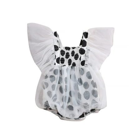 

Newborn Baby Girl Romper Dress Sleeveless Stap Tulle Tutu Dress Smocked Floral Print Mesh Bubble Bodysuit Jumpsuit (A Black White 0-3 Months)