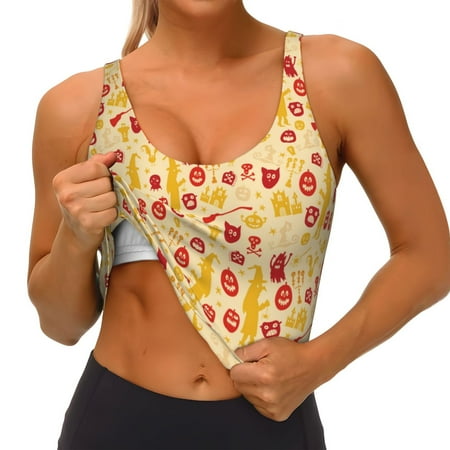 Qokaie Halloween Elements Pattern Womens Scoop Neck Sports Bra Breathable Workout Vest Padded U Back Medium Impact Fitness Gym Yoga Bra Workout Crop Top