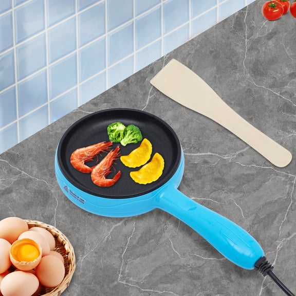 450W 110V Non-Stick Electric Skillet, Blue Mini Frying Pan with Wooden Spatula, Full Uniform Heating