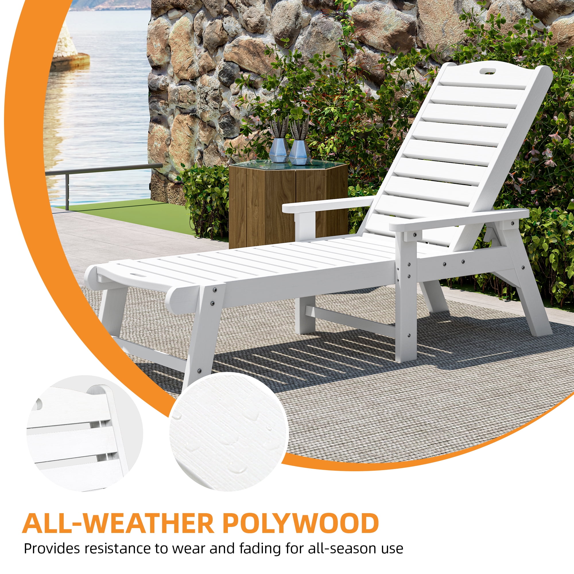 Uforic Outdoor Heavy Duty Resin Patio Lounger with Adjustable Backrest, Wide Armrest, White