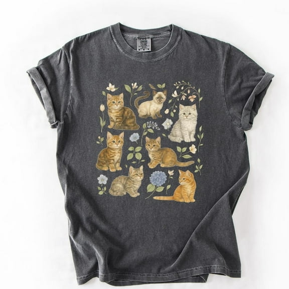 Vintage Cat Garden T-Shirt – Cute Floral Kitty Graphic Tee, Cottagecore Aesthetic Cat Lover Shirt
