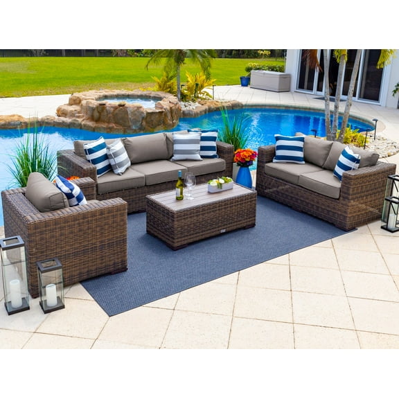 Tuscany 4 Piece XL Resin Wicker Outdoor Patio Conversation Sofa Set with Three-seat Sofa, Loveseat, Armchair, and Coffee Table (Half-Round Brown Wicker, Sunbrella Canvas Taupe)