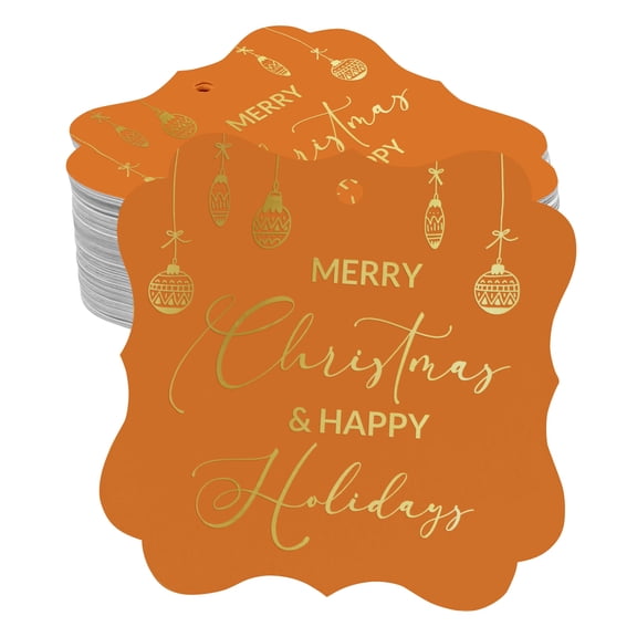 Inkdotpot Real Gold Foil Bracket Shape Paper Hang Tags Merry Christmas & Happy Text Favor Tags Pack Of 50