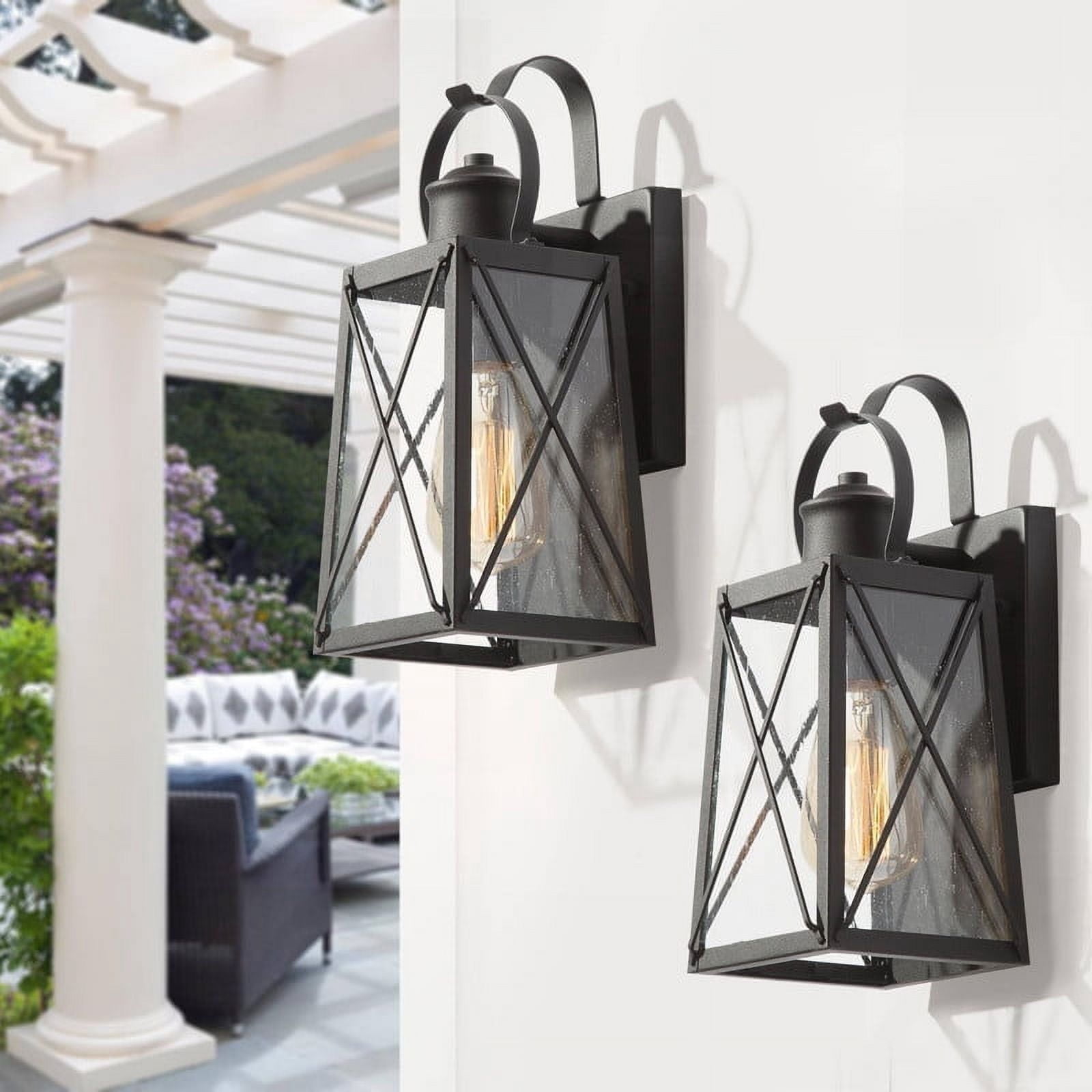 LNC 2-Pack Black Square and Round Outdoor Wall Lights with Seeded Glass