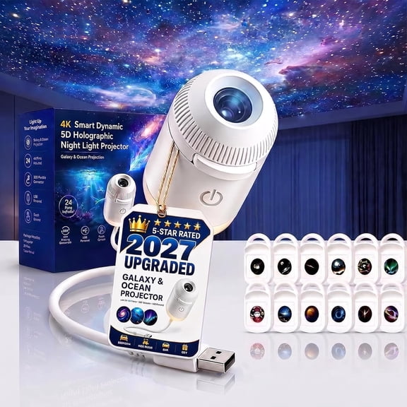 2027 Upgraded Galaxy and Ocean Projector, Plug and Play Hd Star Projector, 360° Adjustable Hd Smart Dynamic 5D Holographic Night Light Projector, 12 Projection Films