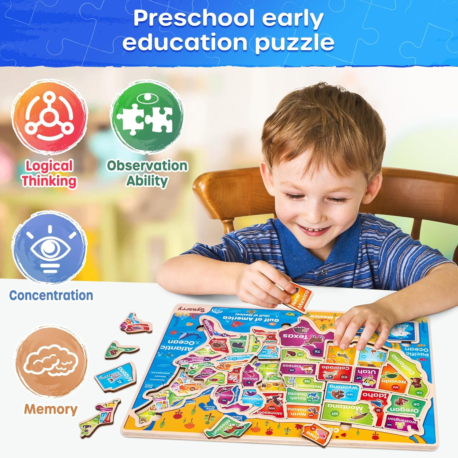 SYNARRY Large Wooden USA & World Map Puzzles, Educational Jigsaw Puzzle Set, Learning United States World Maps Puzles for Kids
