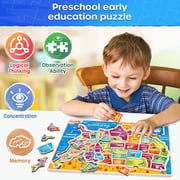 SYNARRY Large USA Map Wooden Puzzles for Kids Ages 3-8, FSC Certified Educational Jigsaw Puzzles, Educational Puzzles Games Toys Gifts for Boys Girls