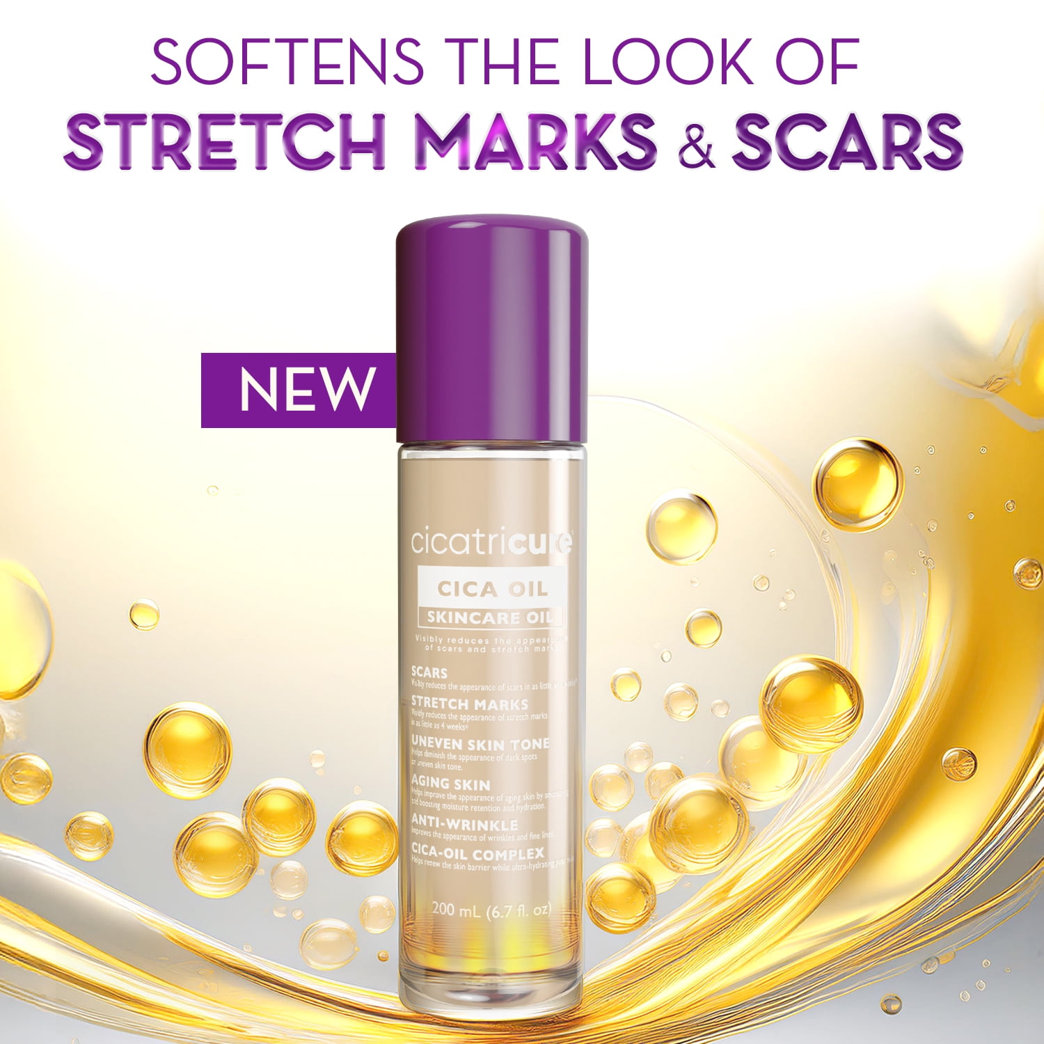 Cicatricure Cica Oil for Stretch Marks & Scars, Vitamin E Body Oil, Visible Results in 4 Weeks, 6.7 fl oz (1 Pack)