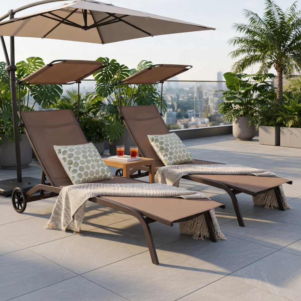 Hommoo Heavy-Duty Adjustable Chaise Lounge Chair with Rotating Sun Canopy, Built-in Cup Holder & Smooth-Rolling Wheels, Outdoor Recliner for Patio, Poolside & Balcony, Brown