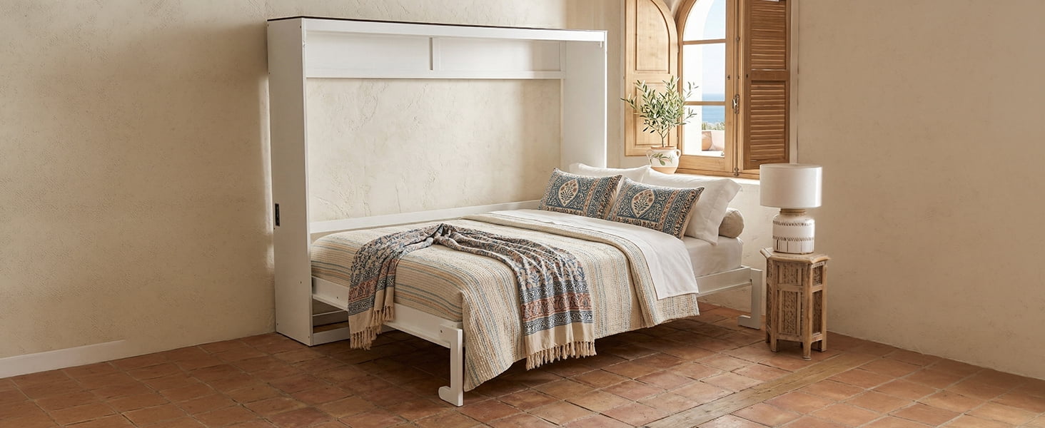 Mintazer Farmhouse Full Murphy Wall Bed with Barn Door & Charge Station, Folding Cabinet Bed for Home Office, White