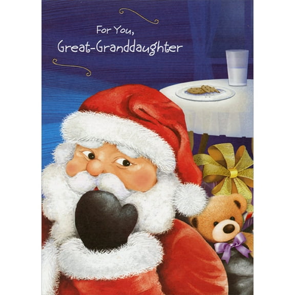 Designer Greetings Santa Closeup with Cookies and Milk in Background Juvenile Christmas Card for Great-Granddaughter