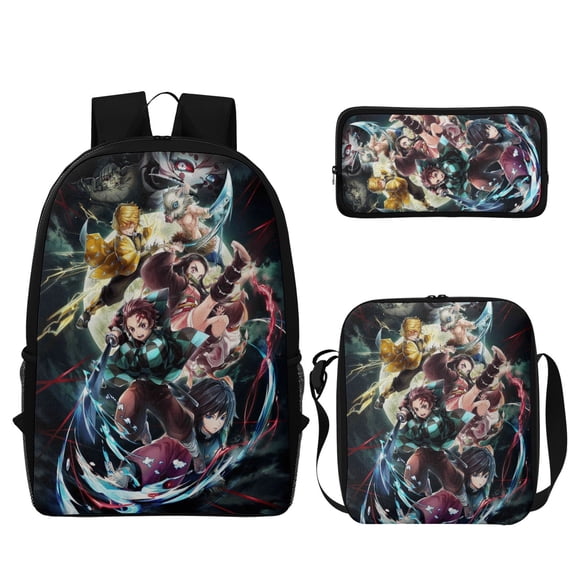 anime ghost slayer 3Pcs Backpack Set, 17 Inch Large Capacity Unisex Daypack Lightweight Travel Bag with Lunch Box And Pencil Case