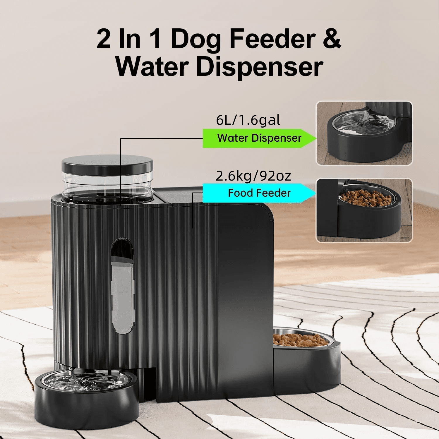 Nomipaw Cat Dog Feeder and Waterer - Automatic Gravity Feeding - Two-in-One - 0.8 Gallon Each Feeder - Black