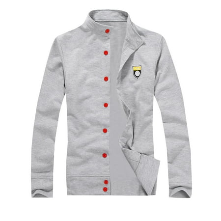 Men Fashion Stand Collar Stretchy Button Closure Letters Cardigan Gray M