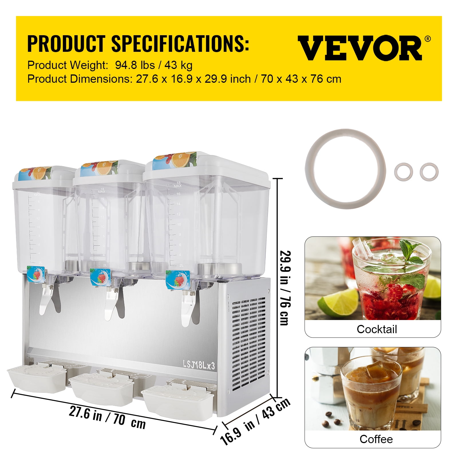 VEVOR Commercial Beverage Dispenser, 6.4 Gallon 24L 2 Tanks Ice Tea Drink  Machine, 12 Liter Per Tank 240W Stainless Steel Food Grade Material,110V