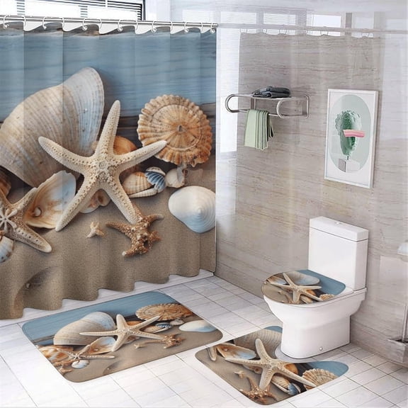 Bathroom Set, Seashells Starfish Sand Printed Bathroom Set,Bathroom Set 4-Piece Set,Bathroom Set with Shower Curtain Sets and Carpet