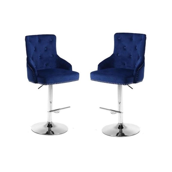 Home Square 2 Piece Swivel Velvet Adjustable Bar Stool Set in Navy