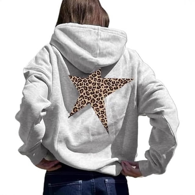 Chandail à Capuchon pour Femmes à Imprimé Étoile Léopard, Chandail Molletonné Décontracté Mode Urbaine, Confort d'Hiver