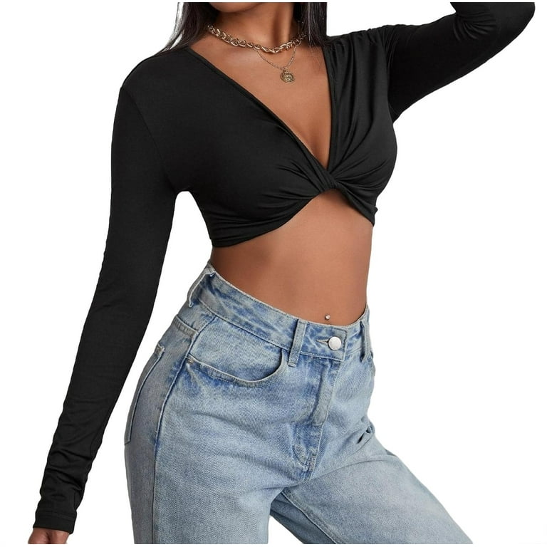 Women's Tops Sexy Solid Deep V Neck Black L - Walmart.com