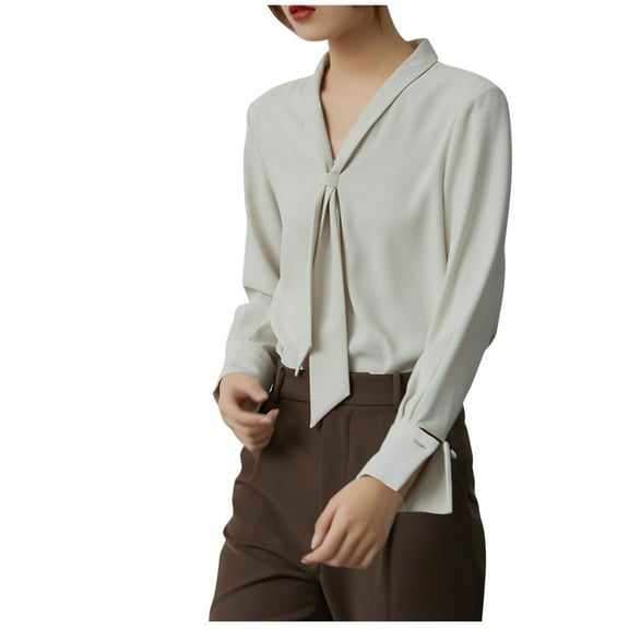 HOMBOM Beige Bussiness Casual Shirts for Women Long Sleeve Trendy Tops Dressy V-Neck Ladies Solid
