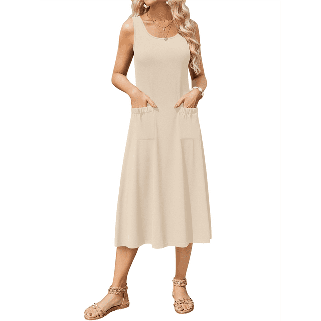 Robe Débardeur Midi d'Été Sans Manches à Fleurs pour Femme, Col Ras du Cou, Taille Haute, Ligne A, avec Poches, P