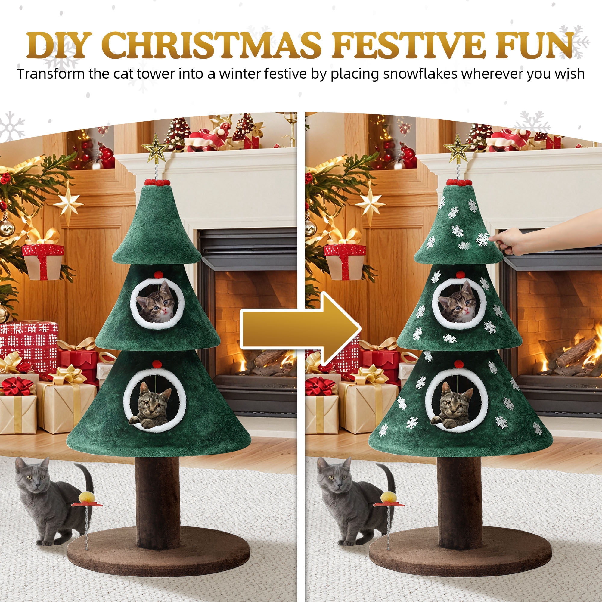 Uforic 52 Inch Christmas Tree Style Cat Tower with 2 Cat Houses, DIY Snowflake & Star Festive Decor, Green